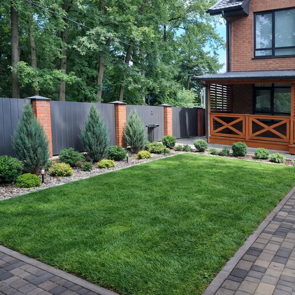 Газон з декоративними рослинами та квітами на фоні огорожі